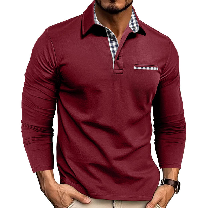 Lataa kuva gallerian katseluohjelmaan Casual Plaid Splicing Lapel Polo Shirt Fashion Solid Color Long Sleeve Top Men's Clothing
