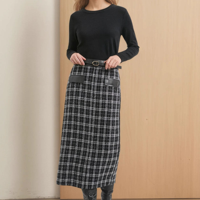 Lataa kuva gallerian katseluohjelmaan New High-waist Fashionable Retro Plaid Patchwork Knitted Skirt
