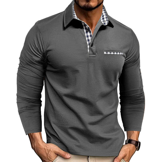 Casual Plaid Splicing Lapel Polo Shirt Fashion Solid Color Long Sleeve Top Men's Clothing