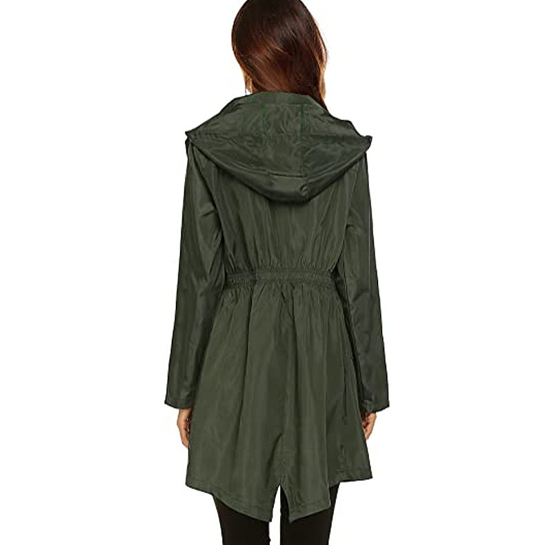 Lataa kuva gallerian katseluohjelmaan Women's Waist Hooded Raincoat Raincoat Mid-length Trench Coat
