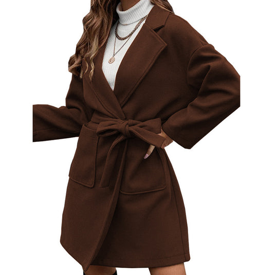 Minimalist Long Sleeve Lapel Button Split Belt Coat