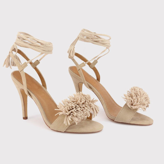 Brown Arnaldo Toscani 1218034_BEIGE women sandals with ankle strap and decorative pompom detail.