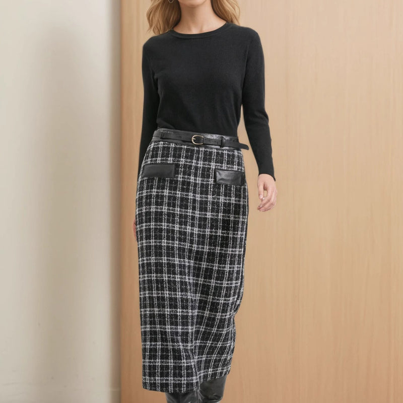 Lataa kuva gallerian katseluohjelmaan New High-waist Fashionable Retro Plaid Patchwork Knitted Skirt
