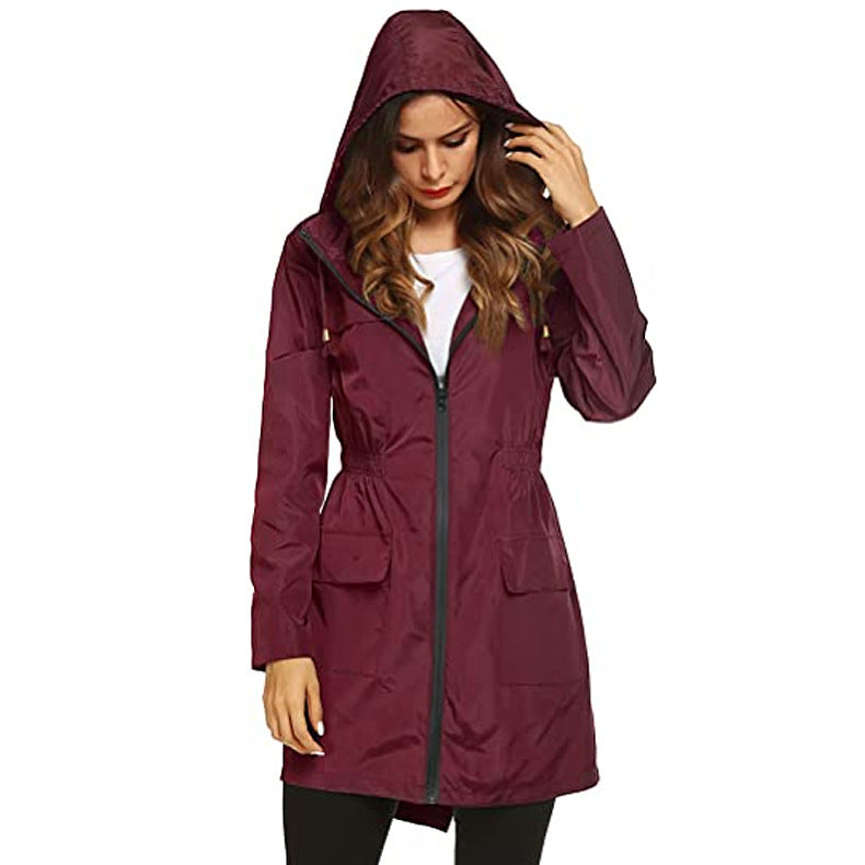 Lataa kuva gallerian katseluohjelmaan Women's Waist Hooded Raincoat Raincoat Mid-length Trench Coat
