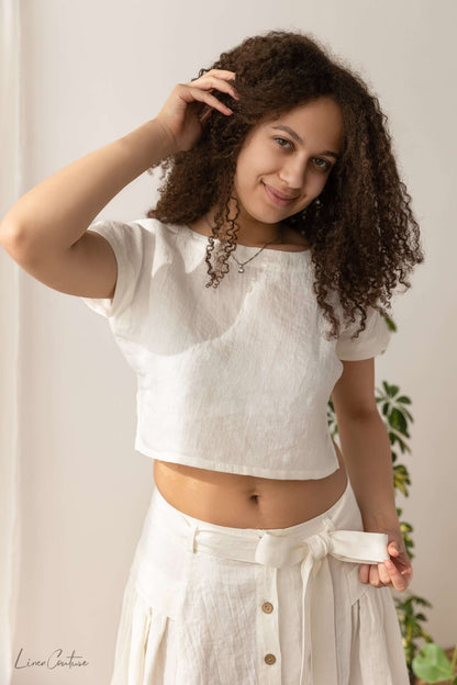 Taormina Set | Linen Crop Top and Flared Midi Skirt model showcasing relaxed summer elegance.