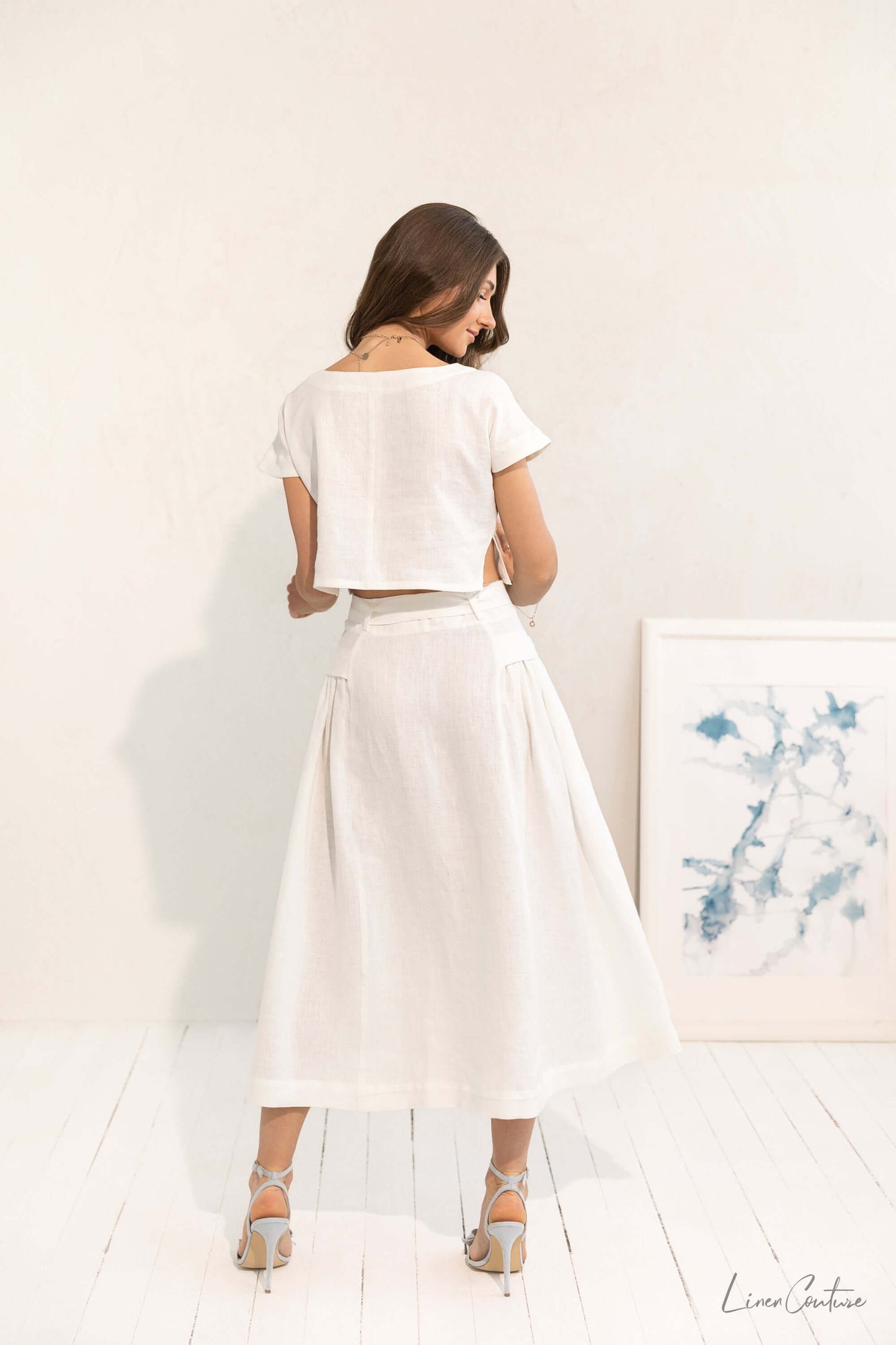 Taormina Set | Linen Crop Top and Flared Midi Skirt displayed from the back, showcasing the chic European linen design.