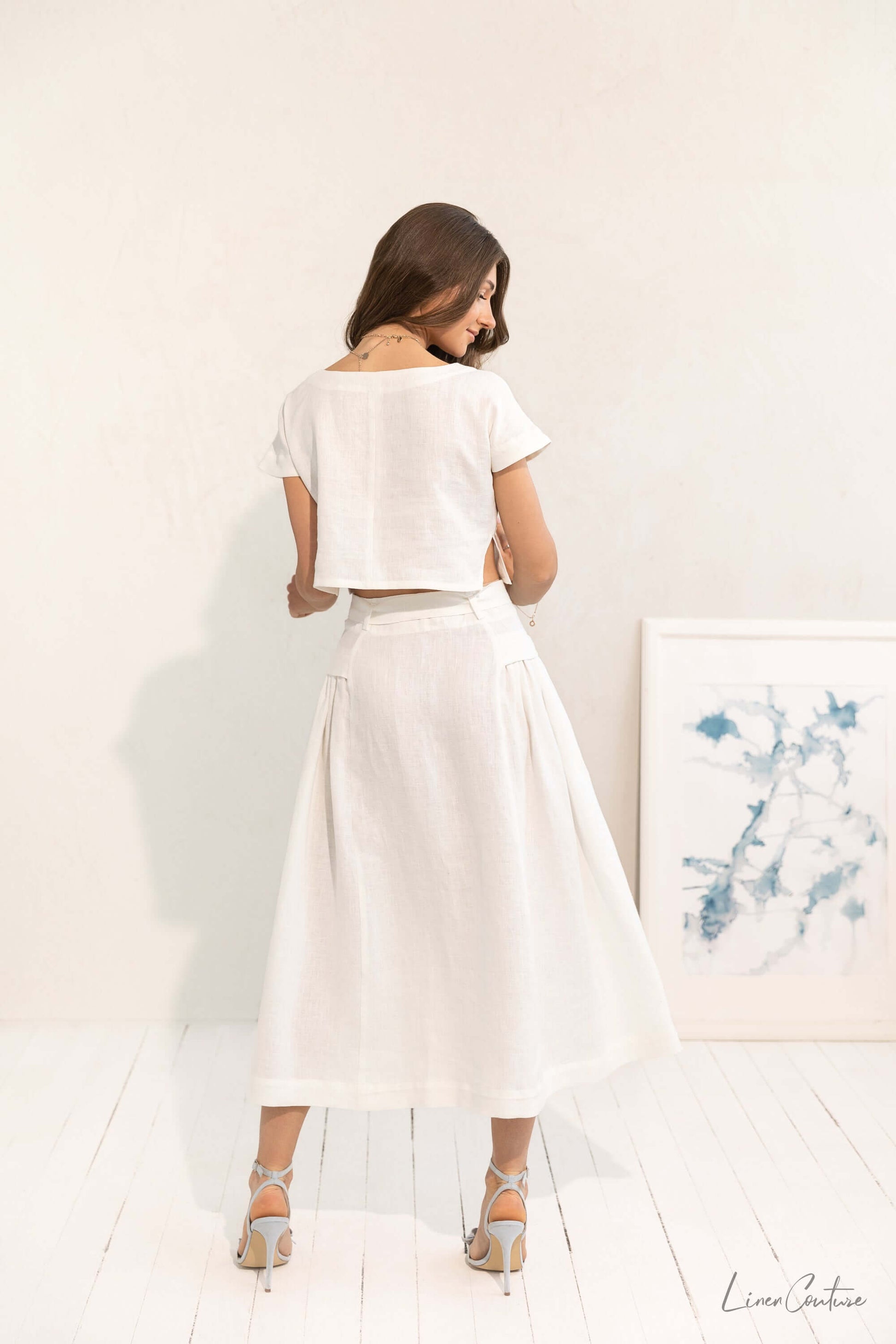Taormina Set | Linen Crop Top and Flared Midi Skirt displayed from the back, showcasing the chic European linen design.