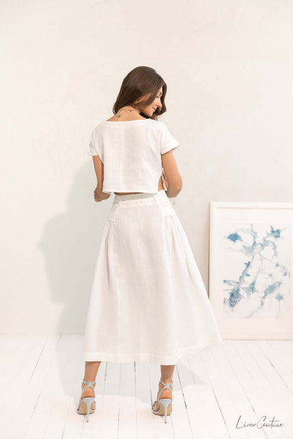 Taormina Set | Linen Crop Top and Flared Midi Skirt displayed from the back, showcasing the chic European linen design.