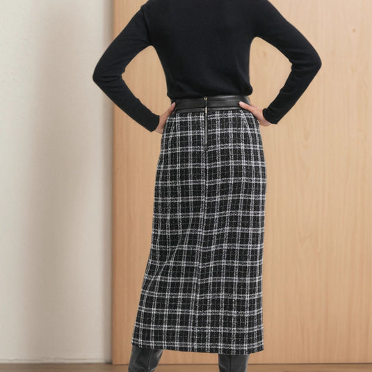 New High-waist Fashionable Retro Plaid Patchwork Knitted Skirt