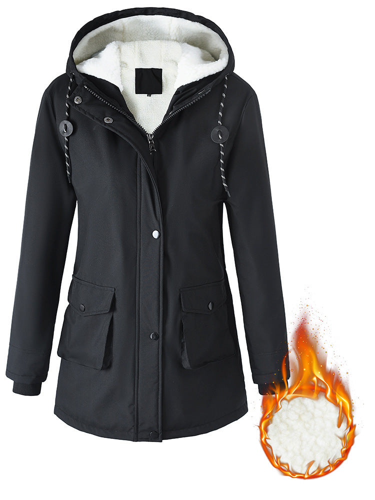 Lataa kuva gallerian katseluohjelmaan European Size Thickened Velvet Cotton Clothes Female Casual Hooded Coat
