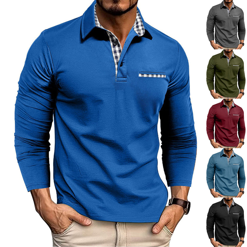 Lataa kuva gallerian katseluohjelmaan Casual Plaid Splicing Lapel Polo Shirt Fashion Solid Color Long Sleeve Top Men's Clothing
