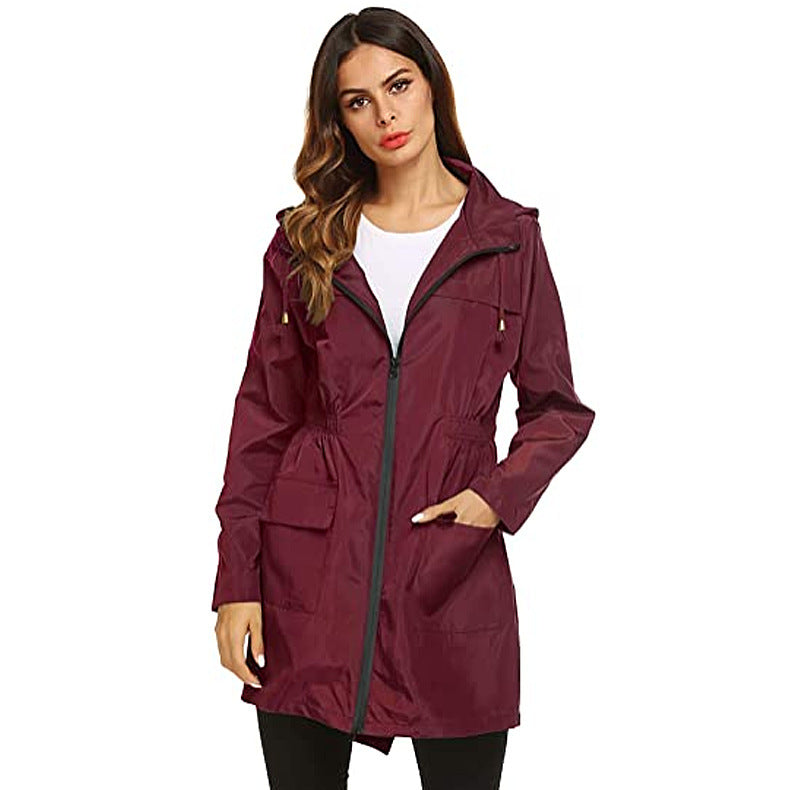 Lataa kuva gallerian katseluohjelmaan Women's Waist Hooded Raincoat Raincoat Mid-length Trench Coat
