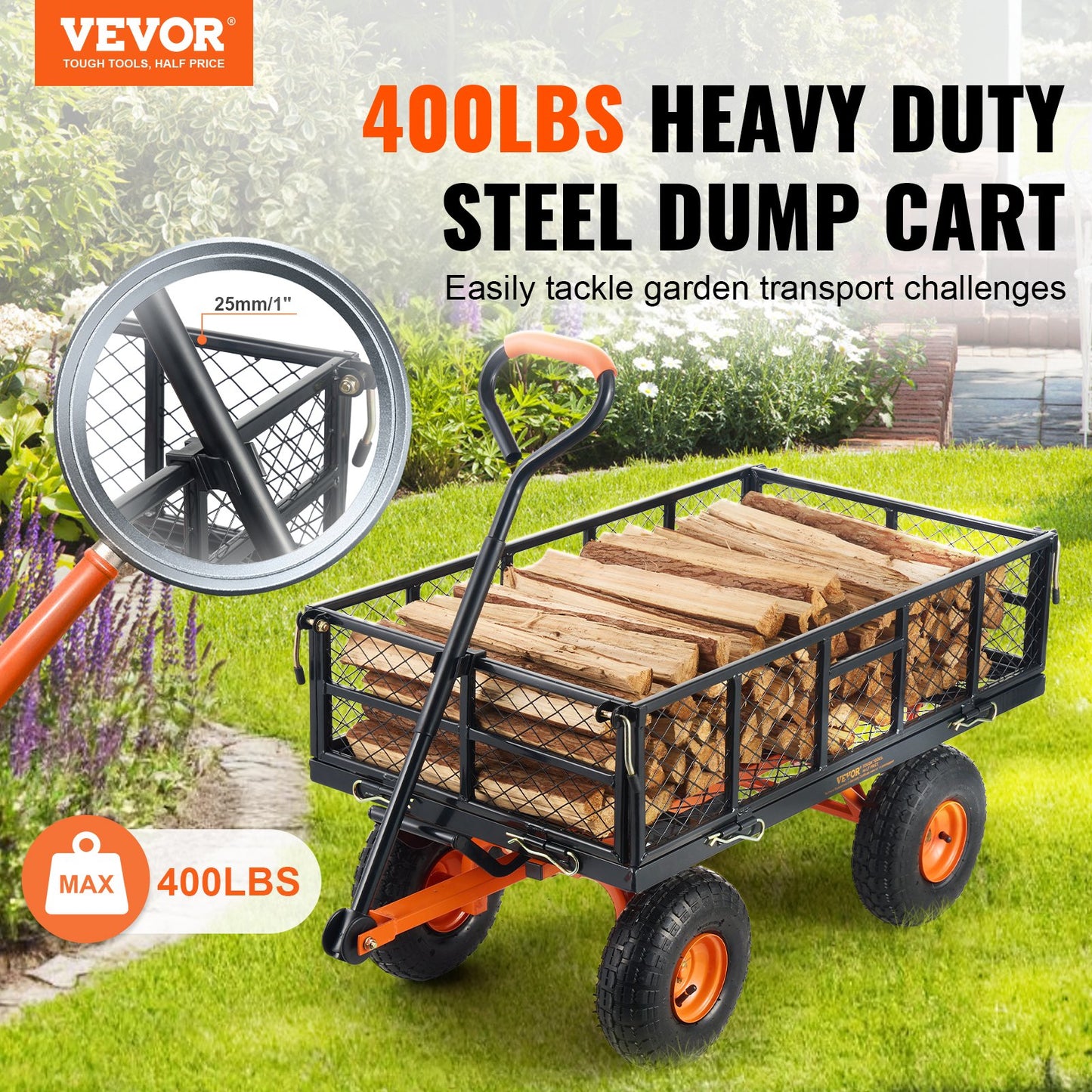 Dump Cart, Metal Garden Dump Cart with Easy to Assemble Frame, Dump