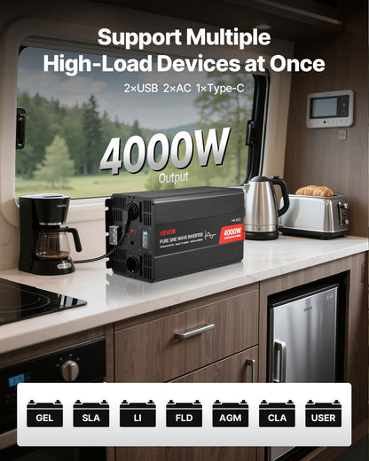 4000W Power Inverter, 12V DC to 230V AC Pure Sine Wave Inverter, Solar