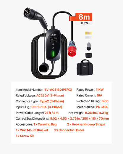 Mobile Wallbox, 11 kW 16A, Type 2 Portable EV Charger, 3 Phase