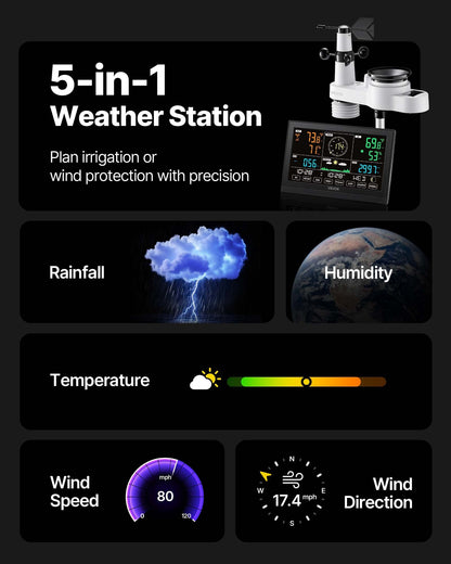 5-in-1 Wi-Fi Weather Station, 190.5 mm VA Display, Wireless Solar