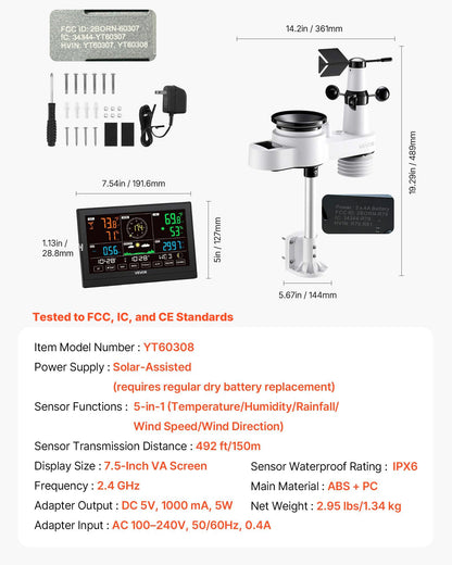 5-in-1 Wi-Fi Weather Station, 190.5 mm VA Display, Wireless Solar